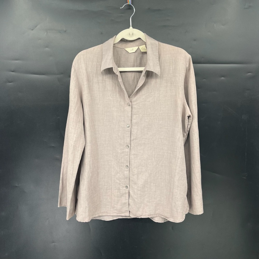 J. Jill 90s taupe tan linen blend button up shirt lagenlook minimalist boho M